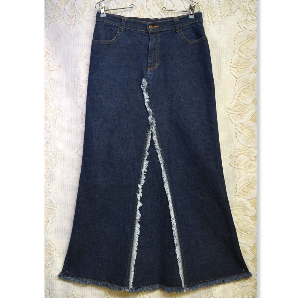 Decoline Womens Sz Large Long Maxi Denim Skirt Trumpet Cottagecore Y2K Dark Wash
